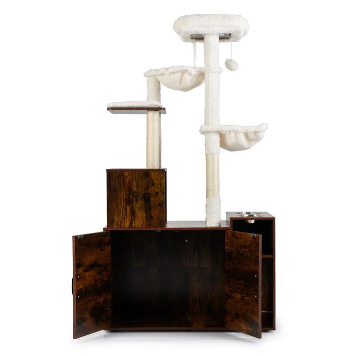Cat Tree with Litter Box Enclosure Condo All-in-One Wooden Hidden Cat Furniture-