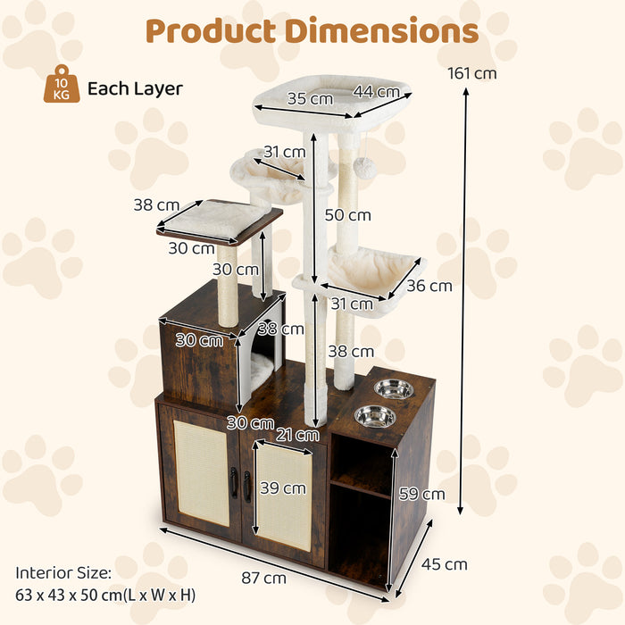 Cat Tree with Litter Box Enclosure Condo All-in-One Wooden Hidden Cat Furniture-
