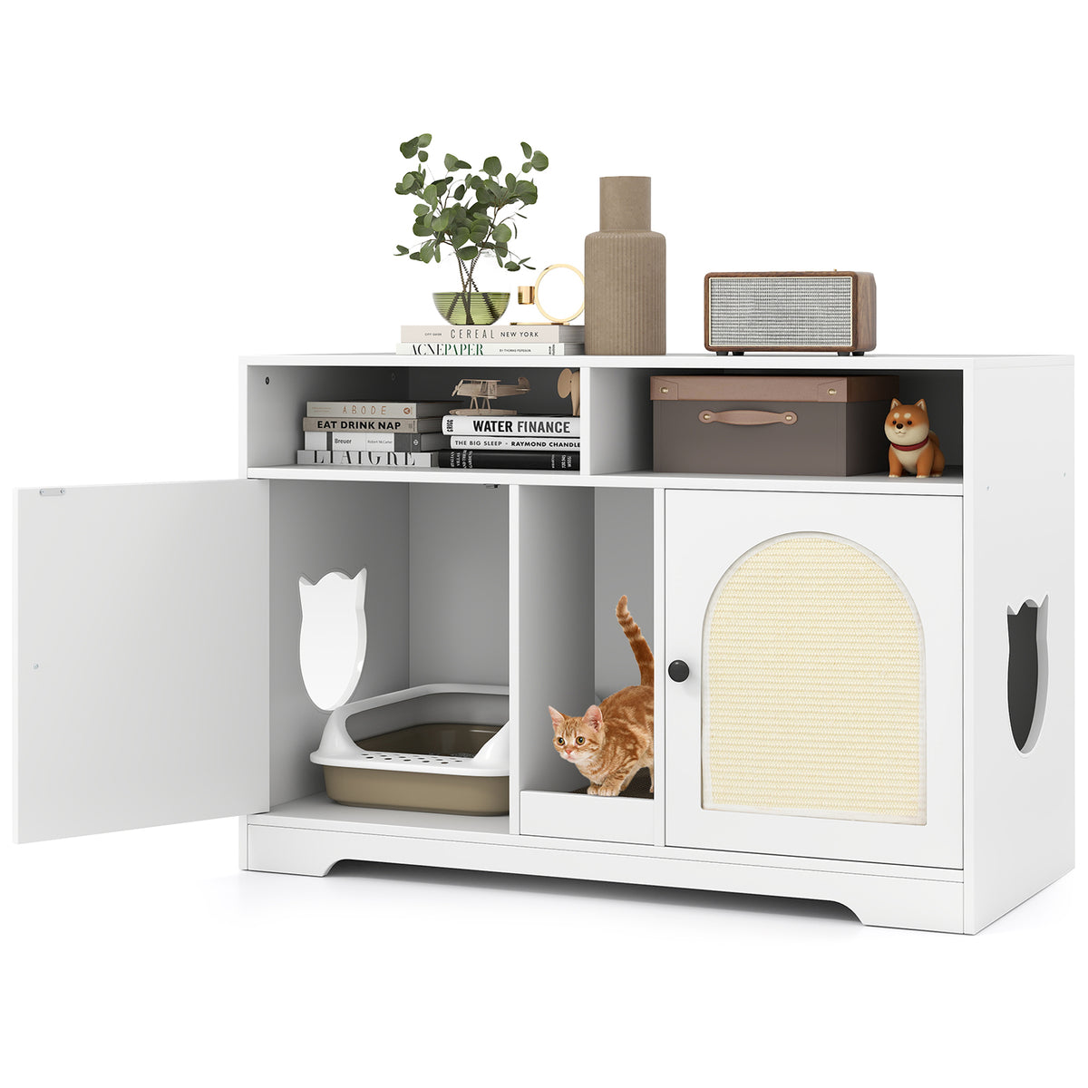 Cat Litter Box Enclosure for 2 Cats with Storage Double Rooms Scratching Board-