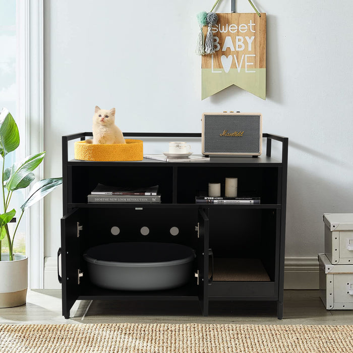 Wooden Cat Litter Box Enclosure with Compartment and Scratching Board-