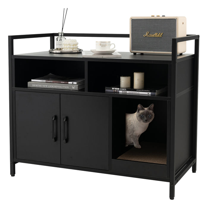 Wooden Cat Litter Box Enclosure with Compartment and Scratching Board-