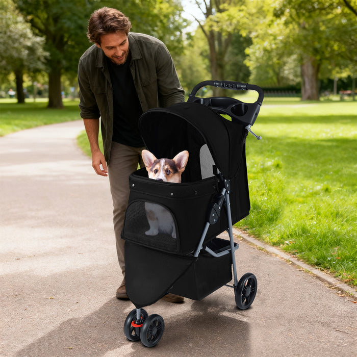 Pet Stroller with Adjustable Canopy and 3 Shock-absorbing Wheels-