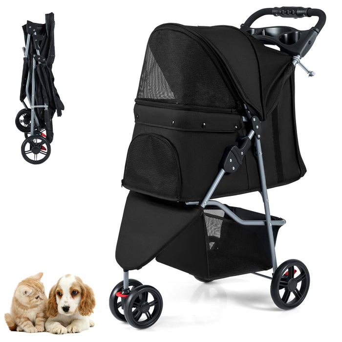 Pet Stroller with Adjustable Canopy and 3 Shock-absorbing Wheels-