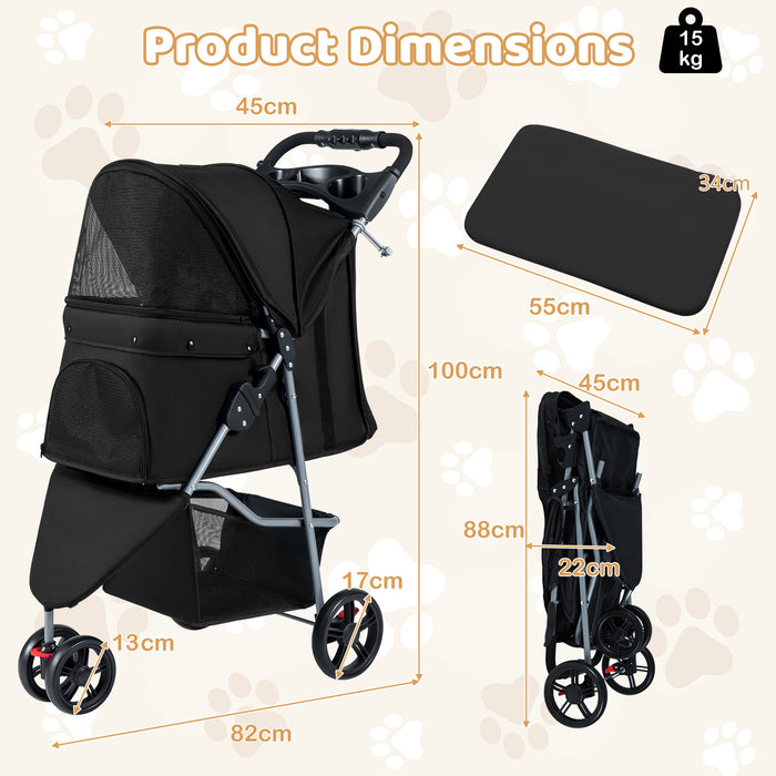 Pet Stroller with Adjustable Canopy and 3 Shock-absorbing Wheels-