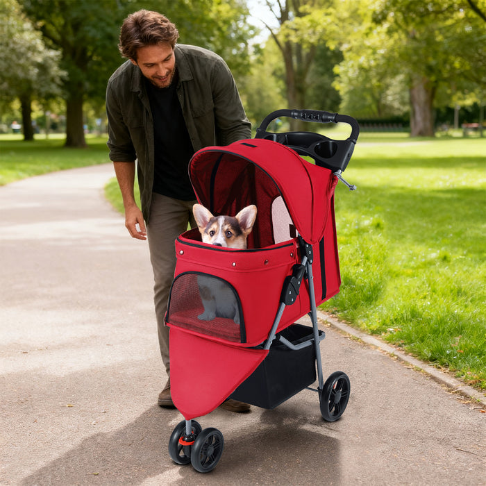 Pet Stroller with Adjustable Canopy and 3 Shock-absorbing Wheels-