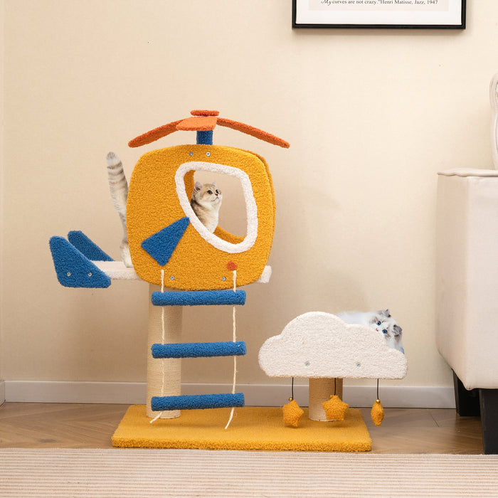Aviation-themed Cat Tree for Indoor Cats with Helicopter Top Perch-