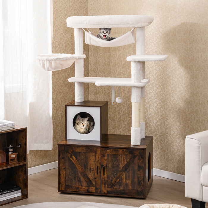 153cm Tall Cat Tree with Litter Box Enclosur Scratching Posts and Hammock-