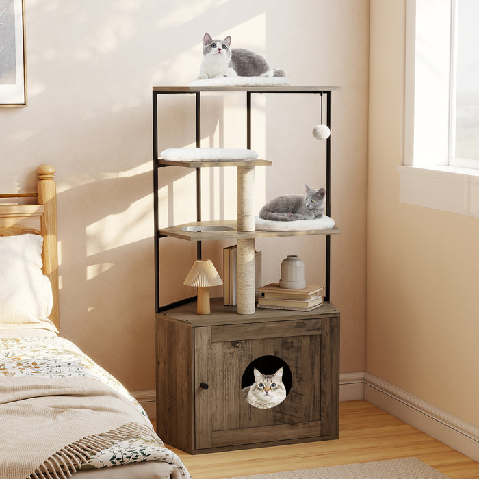 Cat Tree with Litter Box Enclosure with 2 Scratching Posts and 3 Mats-