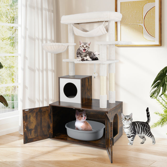 153cm Tall Cat Tree with Litter Box Enclosur Scratching Posts and Hammock-