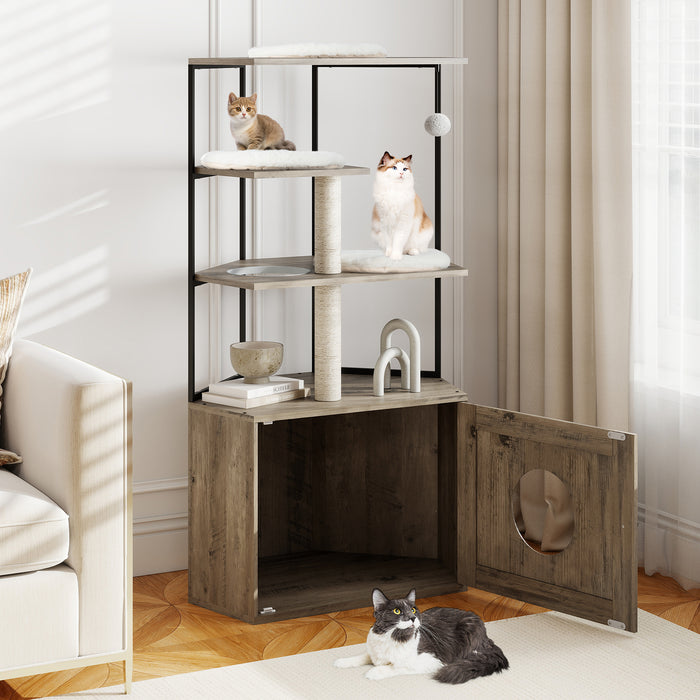 Cat Tree with Litter Box Enclosure with 2 Scratching Posts and 3 Mats-