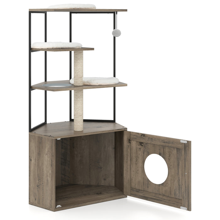 Cat Tree with Litter Box Enclosure with 2 Scratching Posts and 3 Mats-