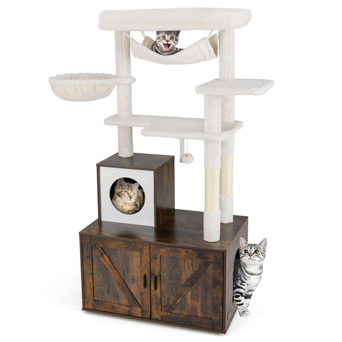 153cm Tall Cat Tree with Litter Box Enclosur Scratching Posts and Hammock-