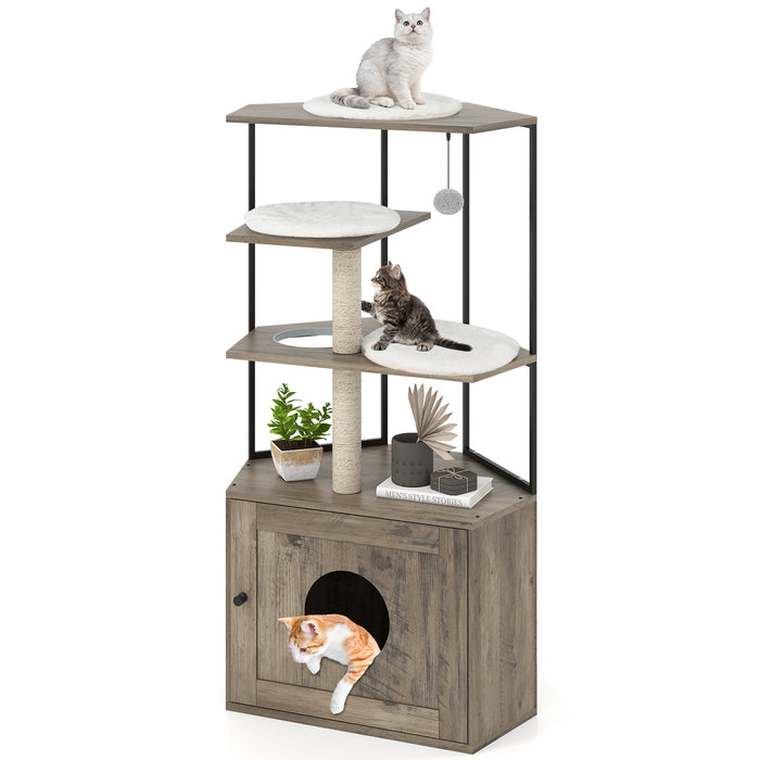 Cat Tree with Litter Box Enclosure with 2 Scratching Posts and 3 Mats-