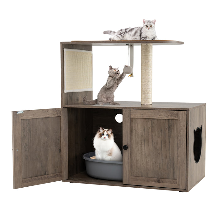 Cat Tree with Litter Box Enclosure 87CM Tall Wooden Cat Tower-