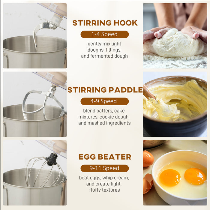 HOMCOM Stand Mixer, 6L 1400W Tilt-Head Food Mixer with 11 Speeds, Pulse & Fermentation Function, LED Display, Cream