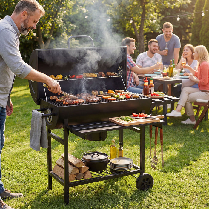 Charcoal BBQ Grill Outdoor Smoker Grill Combo with Thermometer-