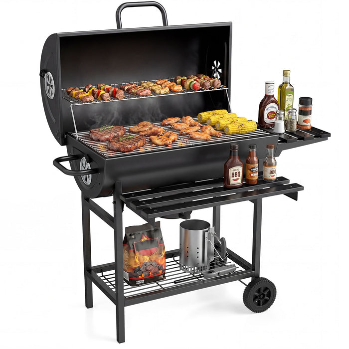 Charcoal BBQ Grill Outdoor Smoker Grill Combo with Thermometer-