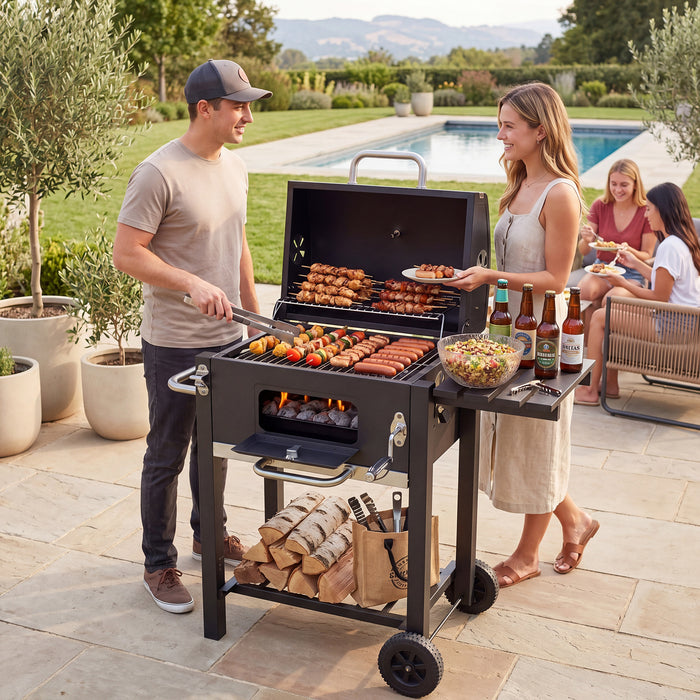 Charcoal Grill with Wheels Portable BBQ Grill with Adjustable Charcoal Tray-