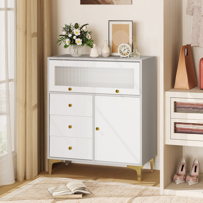 Chest of Drawers with Flip Up Fluted Glass Door and Pull-out Drawers-
