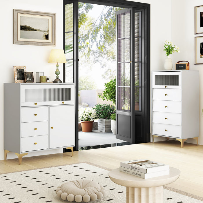 Chest of Drawers with Flip Up Fluted Glass Door and Pull-out Drawers-