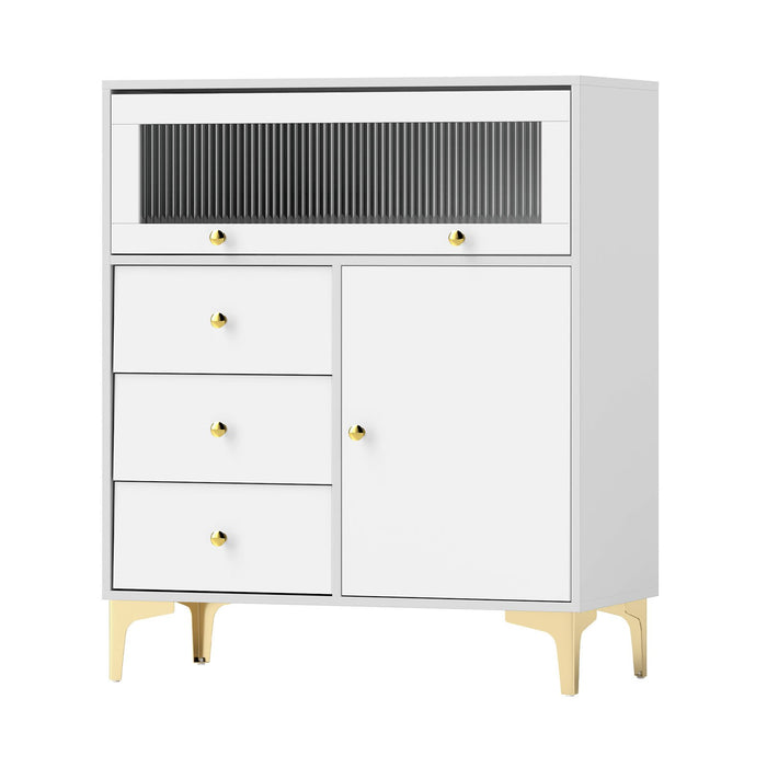 Chest of Drawers with Flip Up Fluted Glass Door and Pull-out Drawers-
