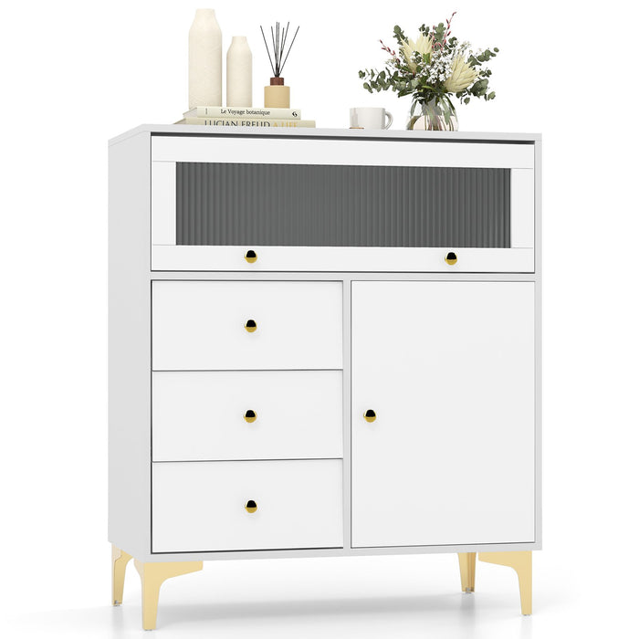 Chest of Drawers with Flip Up Fluted Glass Door and Pull-out Drawers-