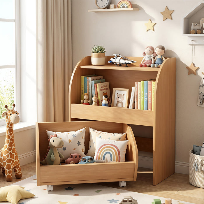 Children’s Toy Storage Shelf with 2 Open Shelves and a Wheeled Drawer for Children’s Bedroom-