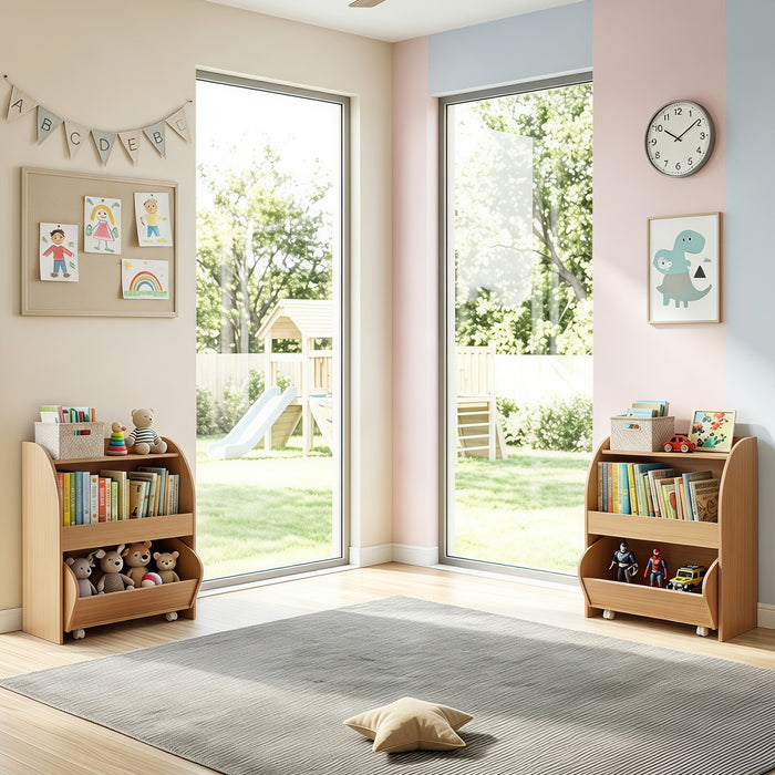 Children’s Toy Storage Shelf with 2 Open Shelves and a Wheeled Drawer for Children’s Bedroom-