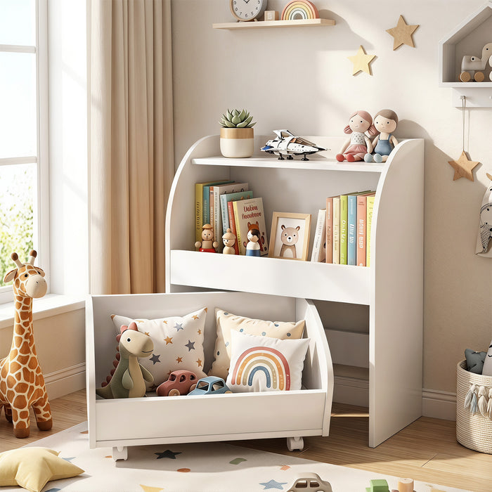 Children’s Toy Storage Shelf with 2 Open Shelves and a Wheeled Drawer for Children’s Bedroom-