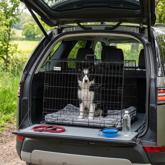 PawHut 35"(90 cm) Car Dog Crate Medium Large Collapsible Slanted Travel Dog Cage with Tray for Car Boot