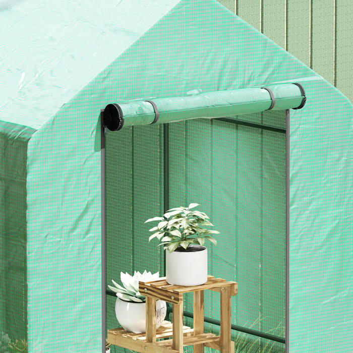Outsunny Walk-in Greenhouse with 2 Tier 4 Shelves, Small Greenhouse with Reinforced PE Cover, Garden Plant Growhouse with Roll-up Door, 120 x 186 x 190 cm, Green