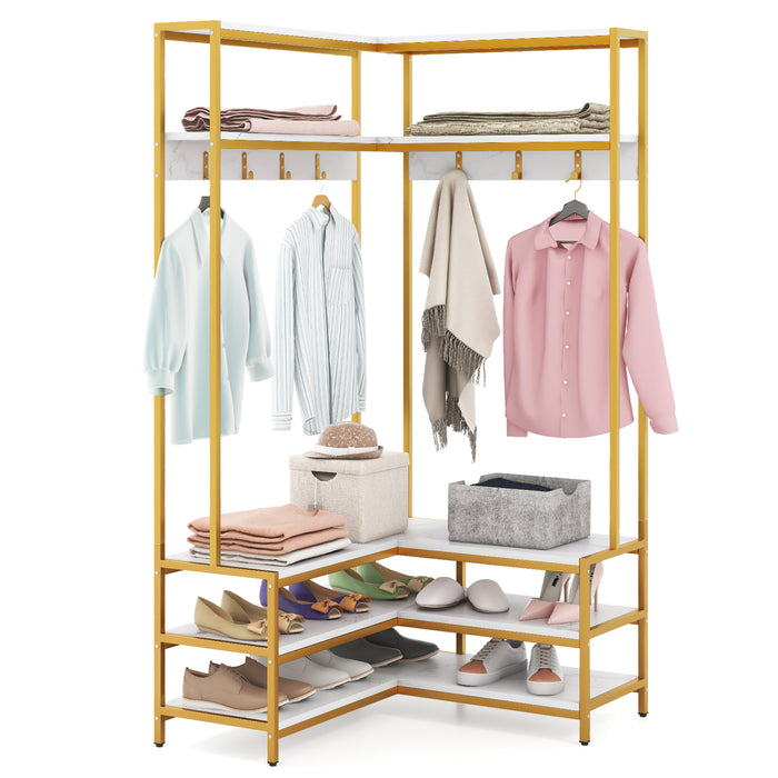 L-shaped Clothes Corner Garment Rack with Open Shelves and 7 Hooks-Walnut