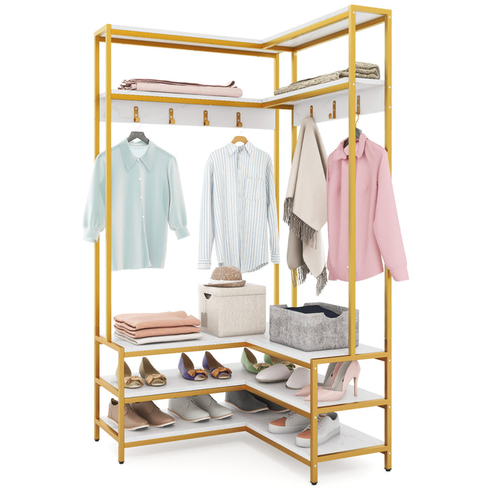 L-shaped Clothes Corner Garment Rack with Open Shelves and 7 Hooks-Walnut
