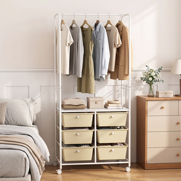 Clothing Rack Coat Hanger with 6 Drawers 4 Universal Wheels and 2 Anti-Tipping Kits-
