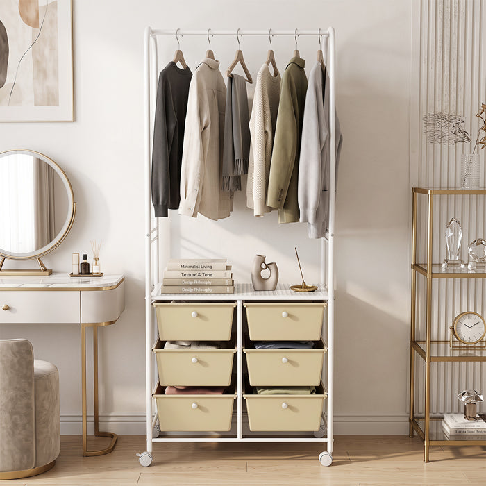 Clothing Rack Coat Hanger with 6 Drawers 4 Universal Wheels and 2 Anti-Tipping Kits-