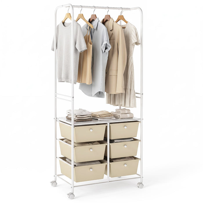 Clothing Rack Coat Hanger with 6 Drawers 4 Universal Wheels and 2 Anti-Tipping Kits-