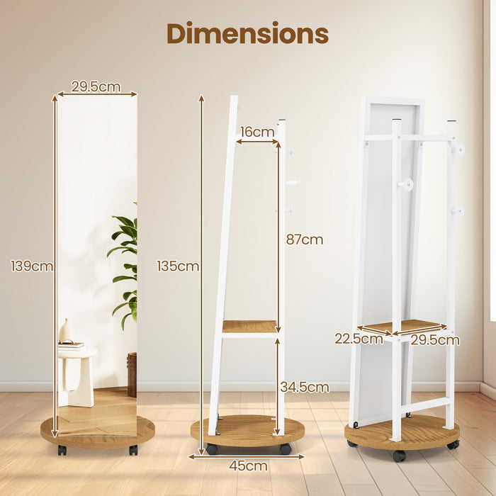 Coat Rack with Full Length Mirror Freestanding Coat Tree with 3 Hooks-Black