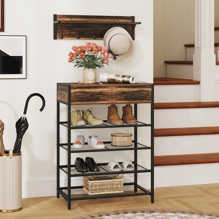 Coat Rack Shoe Stand Set with Wall-Mounted Coat Rack and Drawers-