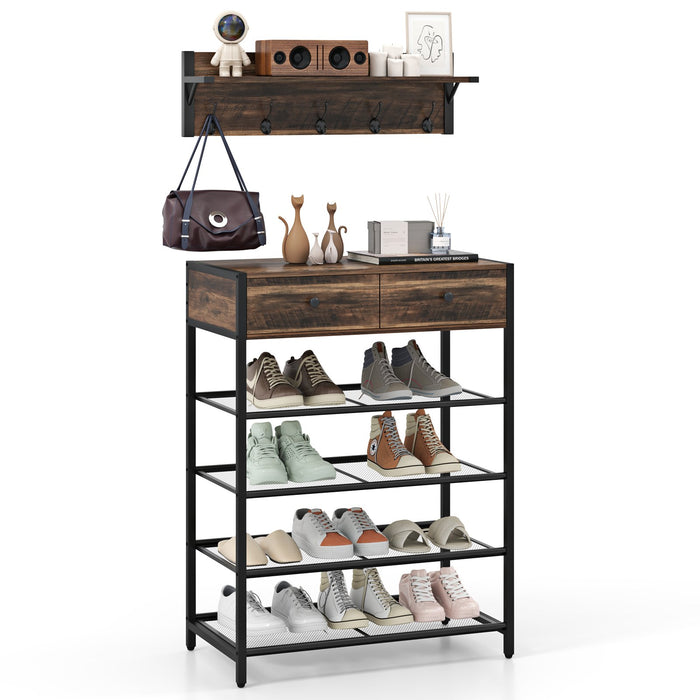 Coat Rack Shoe Stand Set with Wall-Mounted Coat Rack and Drawers-