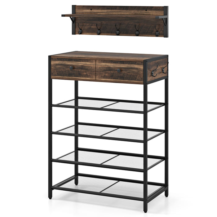 Coat Rack Shoe Stand Set with Wall-Mounted Coat Rack and Drawers-