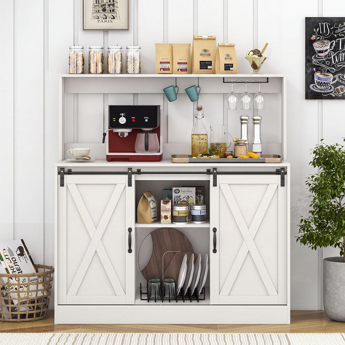 Coffee Bar Cabinet with Charging Station and Sliding Barn Doors-Rustic Brown