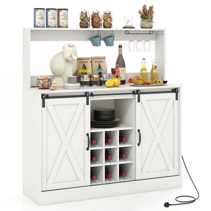 Coffee Bar Cabinet with Charging Station and Sliding Barn Doors-Rustic Brown
