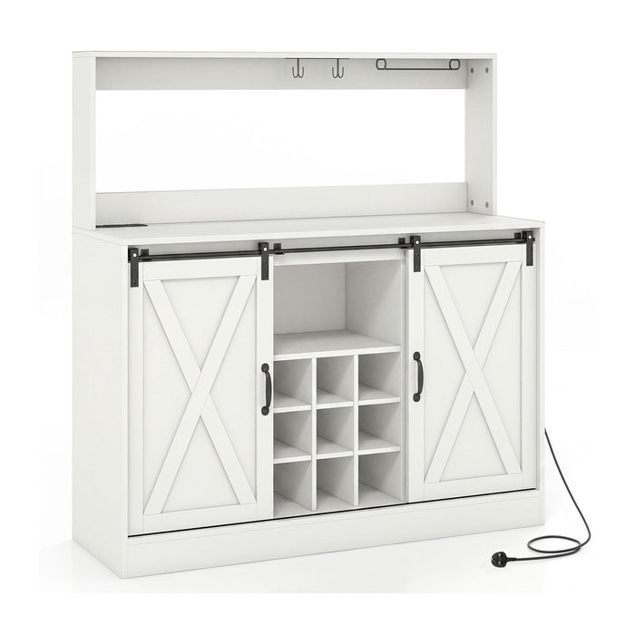 Coffee Bar Cabinet with Charging Station and Sliding Barn Doors-Rustic Brown