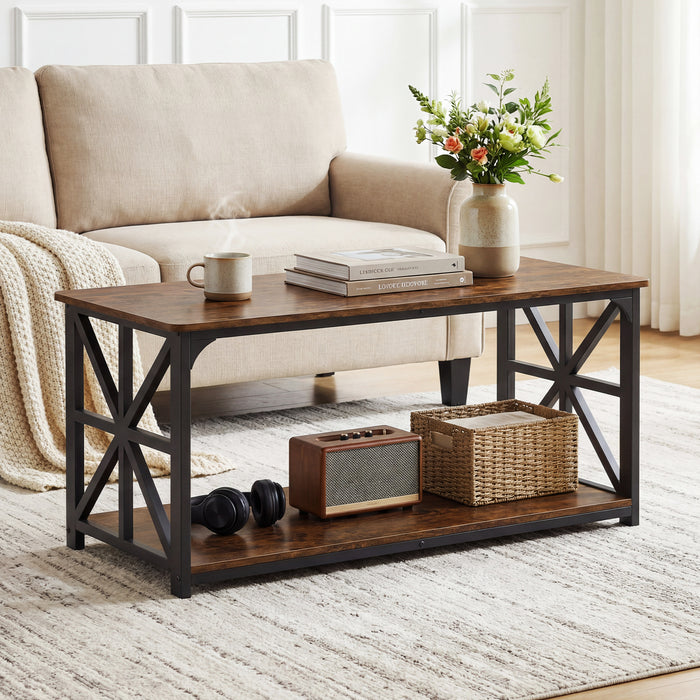 Coffee Table Industrial Farmhouse Accent Table with Open Storage Shelf-