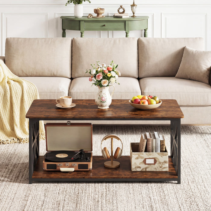 Coffee Table Industrial Farmhouse Accent Table with Open Storage Shelf-