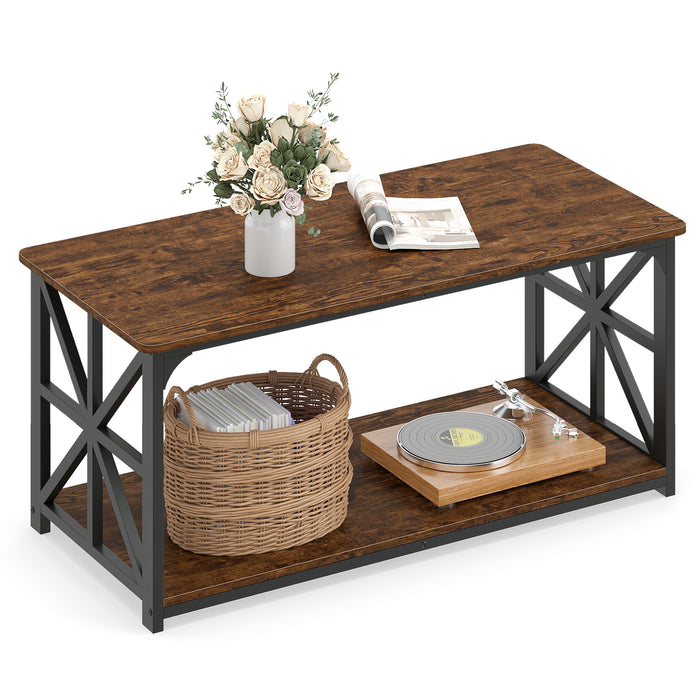 Coffee Table Industrial Farmhouse Accent Table with Open Storage Shelf-
