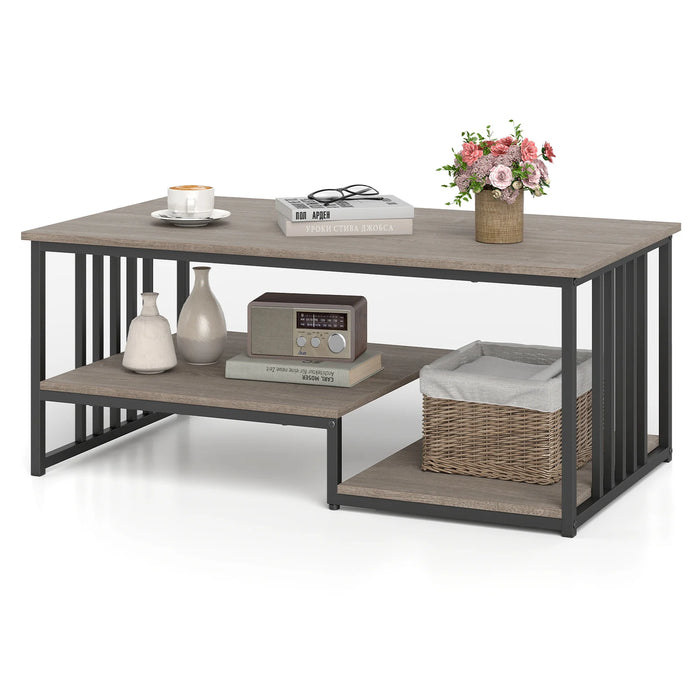Coffee Table Rectangular Center Table with 2 Storage Shelves and Heavy-duty Metal Frame-Rustic Brown