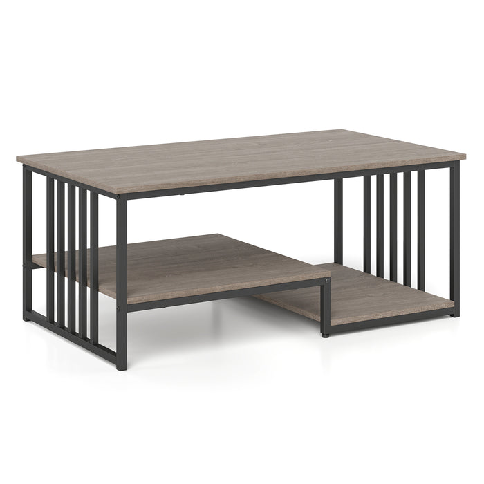 Coffee Table Rectangular Center Table with 2 Storage Shelves and Heavy-duty Metal Frame-Rustic Brown