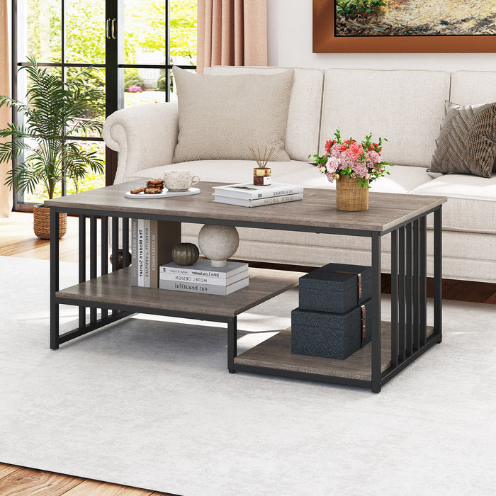 Coffee Table Rectangular Center Table with 2 Storage Shelves and Heavy-duty Metal Frame-Rustic Brown