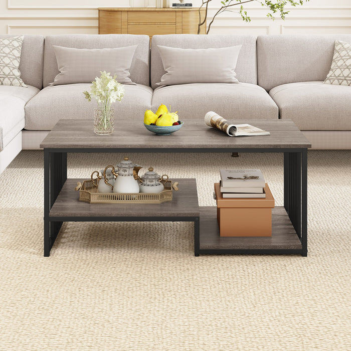 Coffee Table Rectangular Center Table with 2 Storage Shelves and Heavy-duty Metal Frame-Rustic Brown